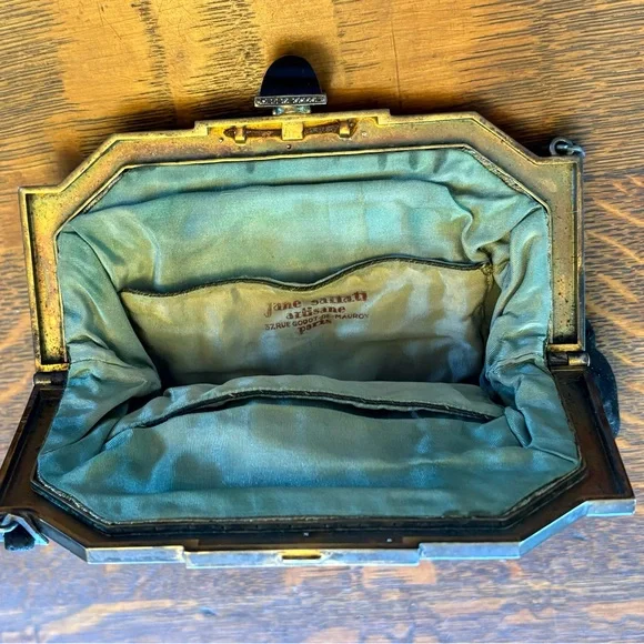 1920-1930 Vintage French Art Deco Black Purse Bag Jane Saltati Metal w/ Stones - Picture 6 of 12